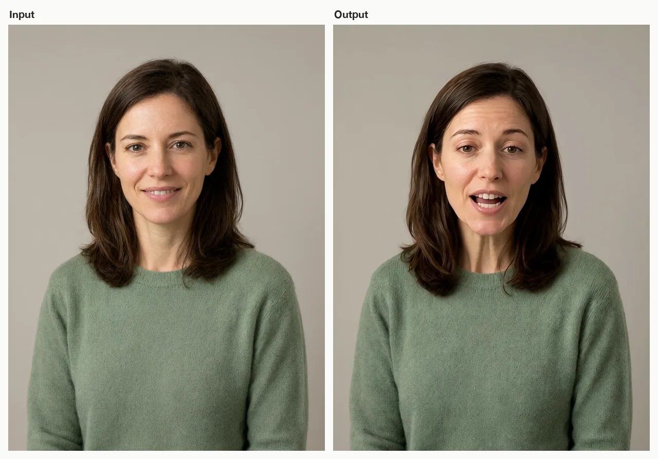 A fictional presenter portrait (left) and a frame from the talking-avatar clip it became (right), driven by a short synthesized English line. AI-generated with Beatra.