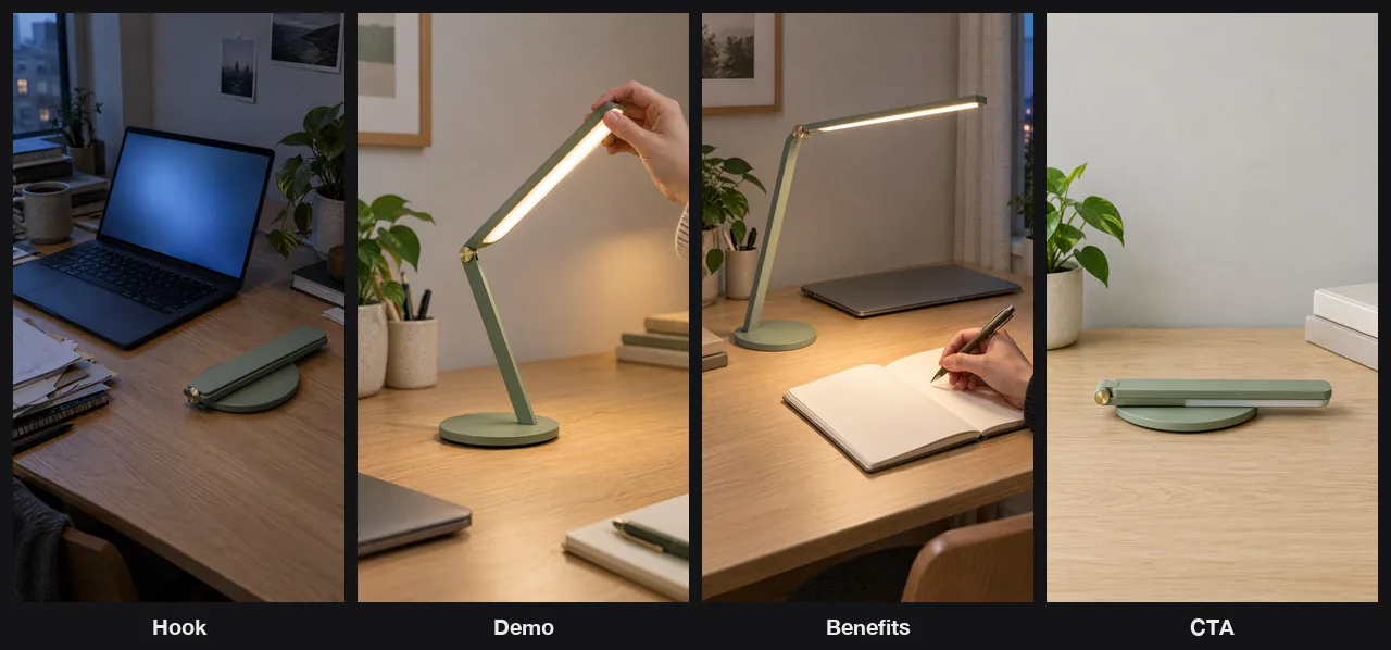 Four 9:16 beat frames (Hook, Demo, Benefits, CTA) remaking a hypothetical pain-first short structure for Brightfold, a fictional foldable desk lamp. AI-generated with Beatra.