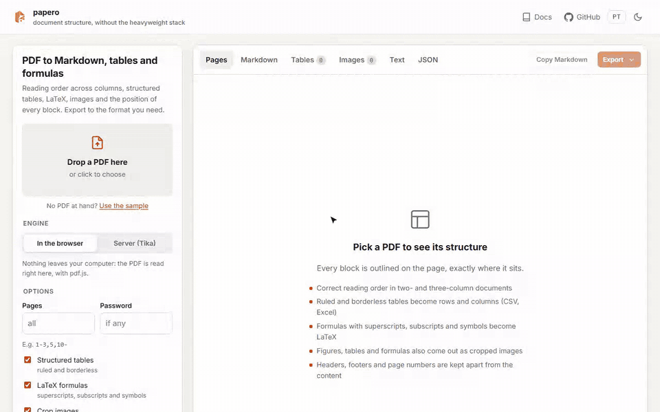 papero demo: load a PDF, every block outlined on the page, click a table to inspect it, see tables and LaTeX formulas, export to Word