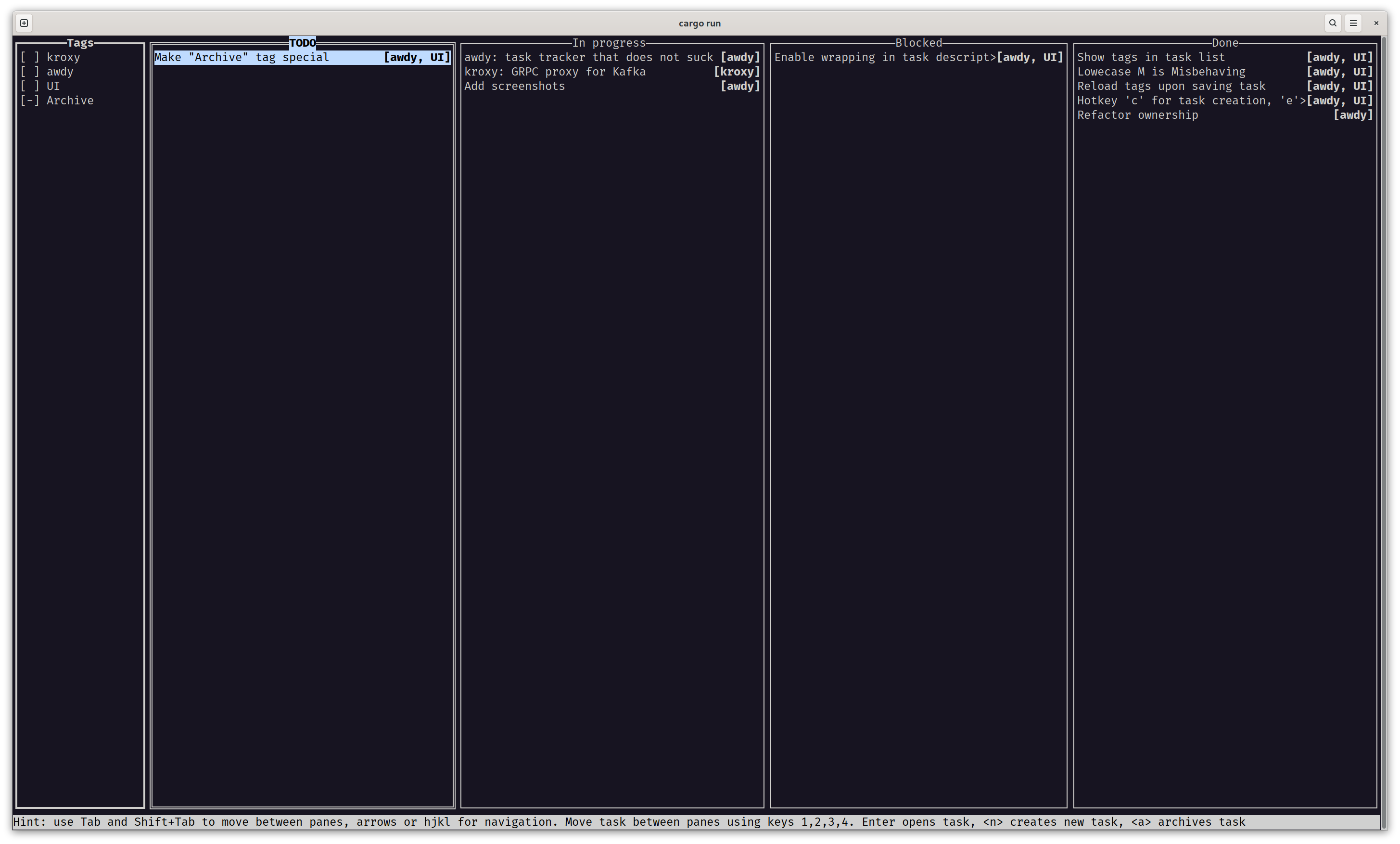 Main view, dark theme