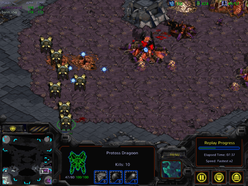 Protoss Dragoons mid-battle in a StarCraft: Brood War replay. Every bot in StarSkirmish fights as Protoss.