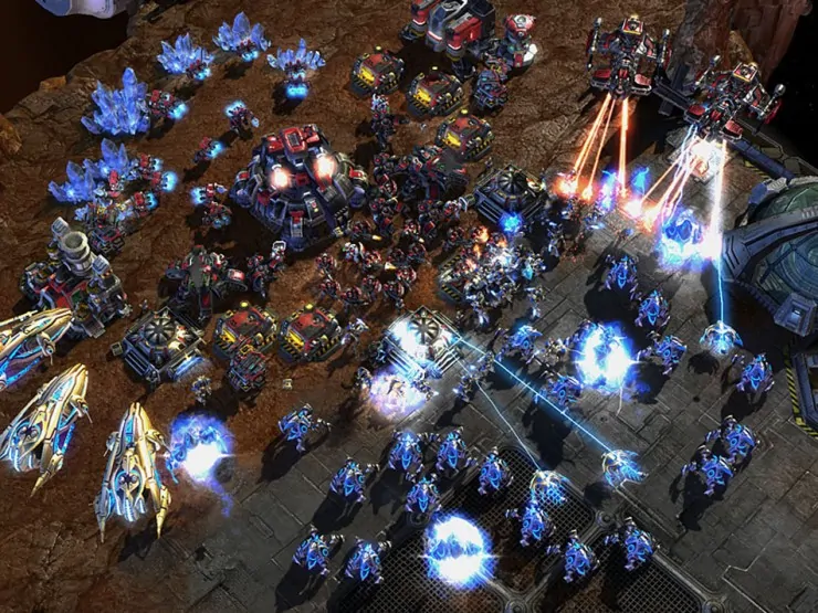 StarCraft gameplay: build, harvest, fight. The bots get one hour of coding, then the map decides.