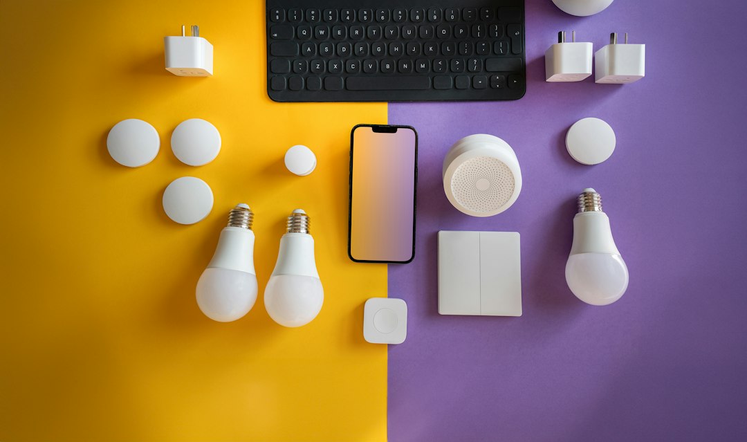 Smart home devices: bulbs, sensors, a speaker, and a phone