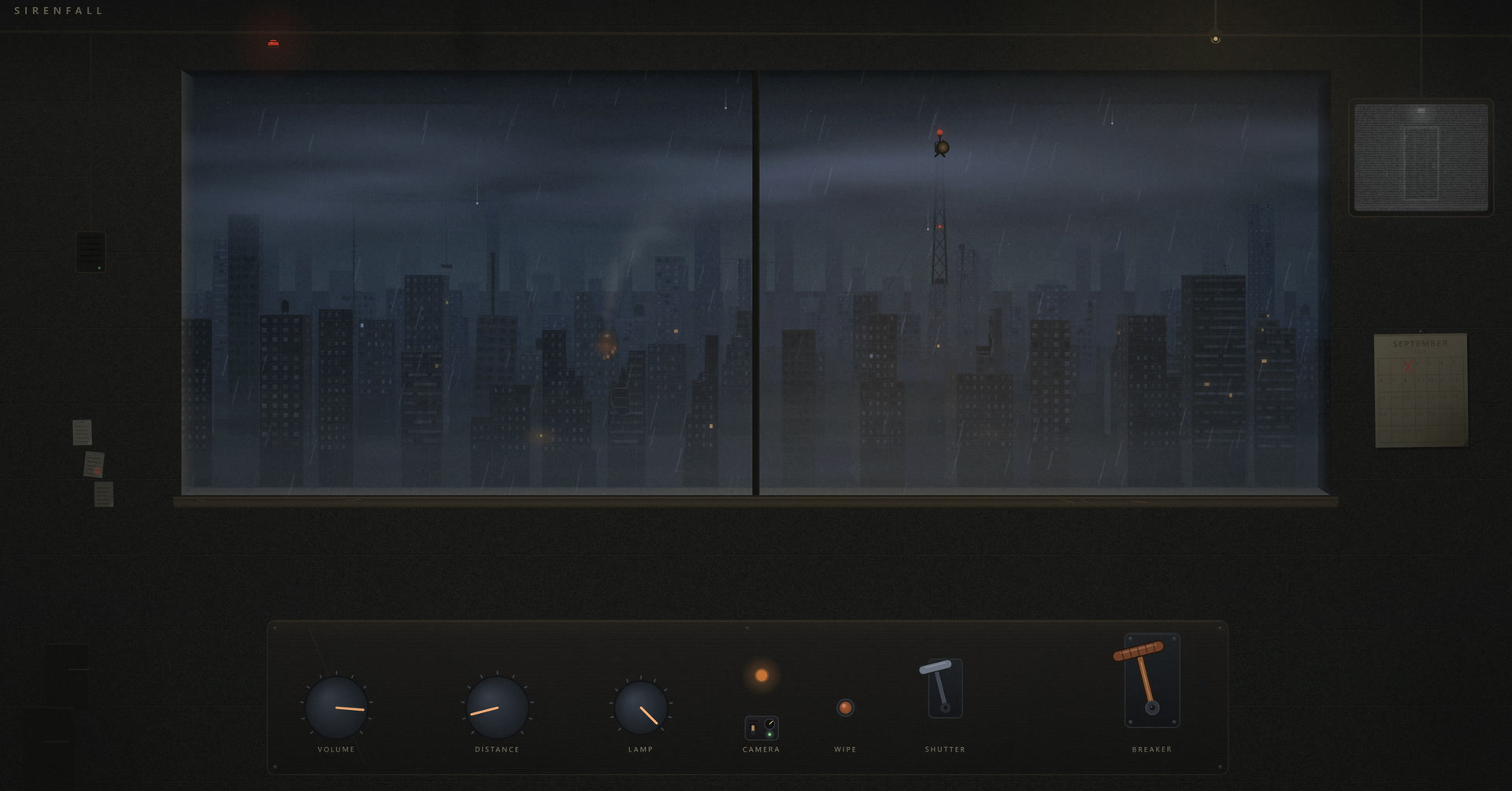 A rainy dead city seen from a shelter window: sheet lightning in low cloud, a siren tower facing the viewer, smoke from a burning building, the breaker thrown on.