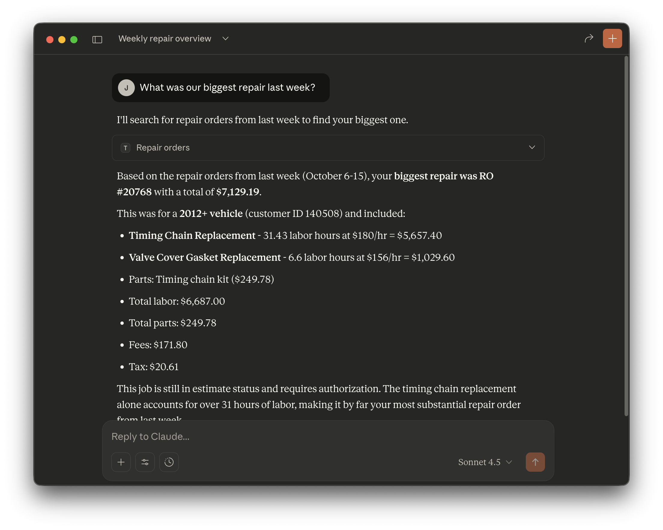 Example: Ask about your biggest repair