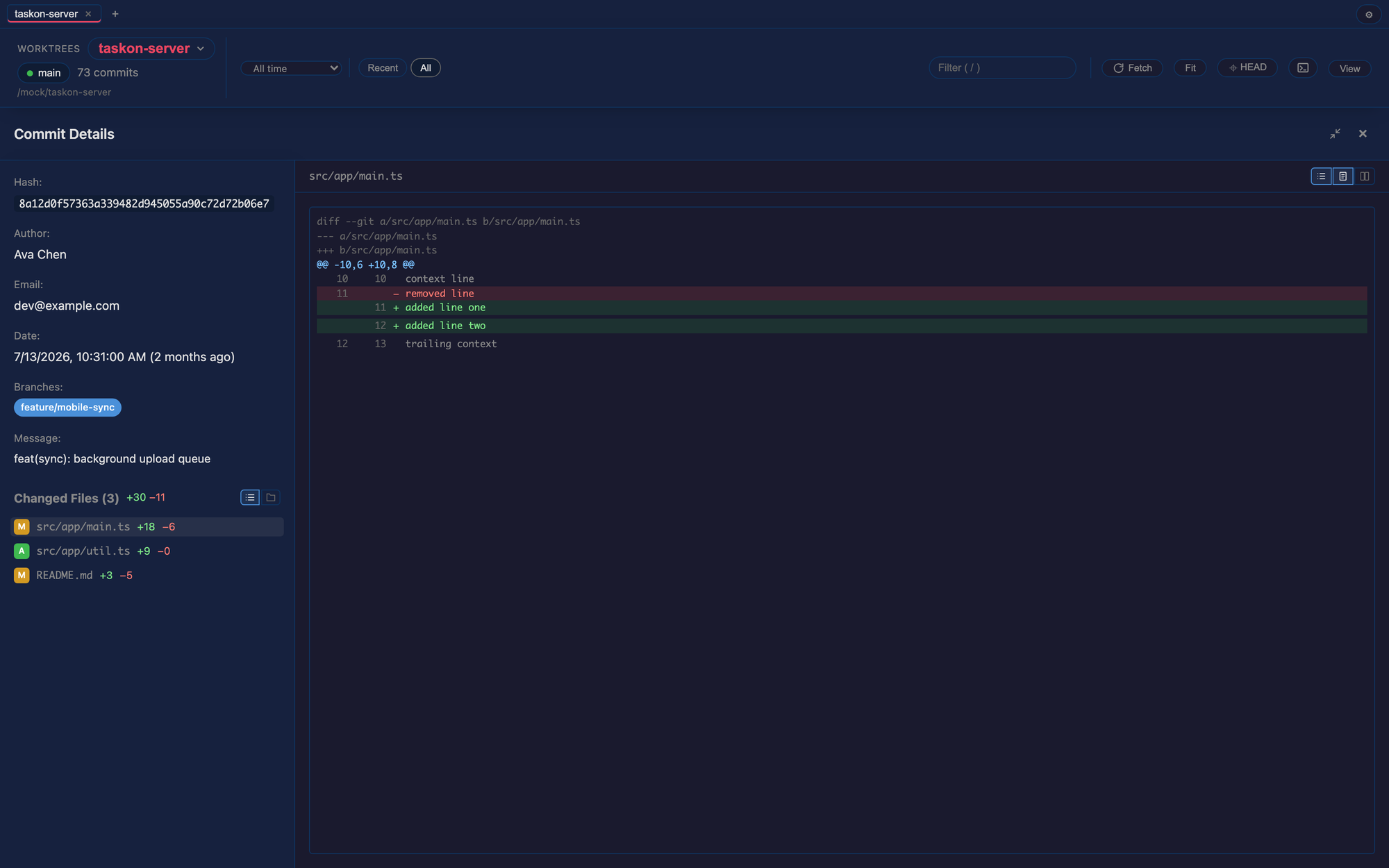 The full-width diff view with side-by-side patch