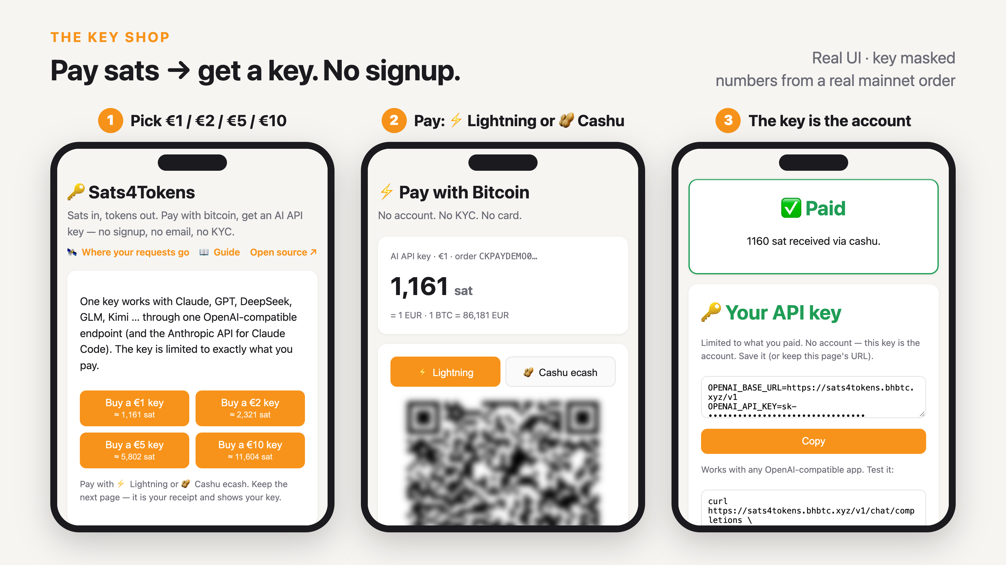 Pick an amount, pay with Lightning or Cashu, get a key