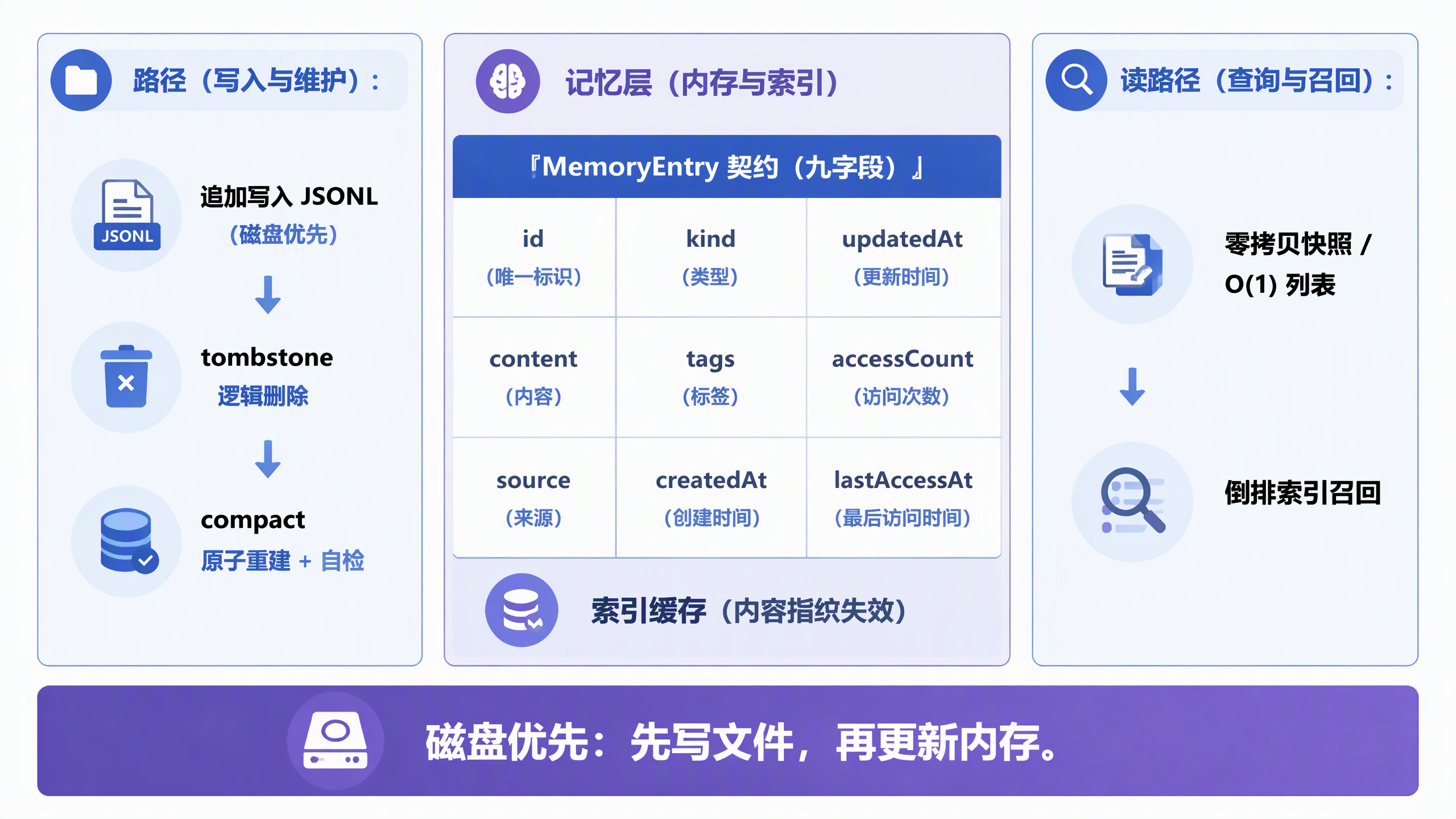 存储模型：写路径 append-only JSONL（磁盘优先）→ tombstone 逻辑删除 → compact 原子重建；MemoryEntry 九字段契约 + IndexCache 内容指纹失效；读路径零拷贝快照 + 倒排索引召回