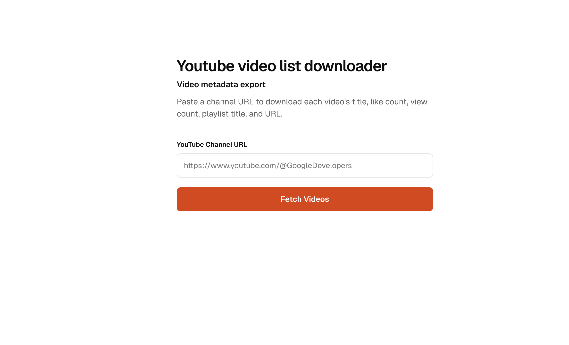YouTube Metadata Exporter channel URL form
