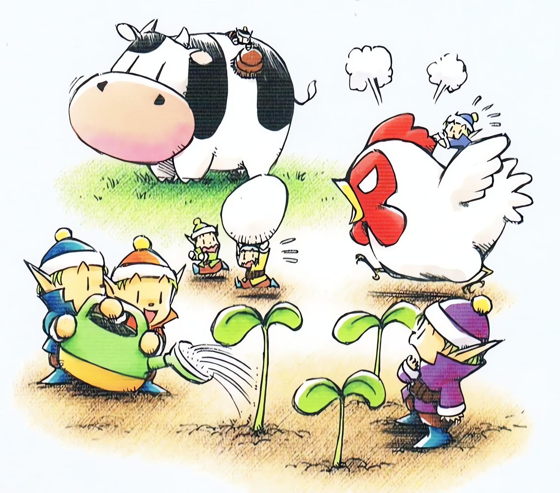 Official Back to Nature artwork of the Harvest Sprites: little elves in knit caps watering sprouts with a green can, carrying an egg, and riding a cow and a chicken.