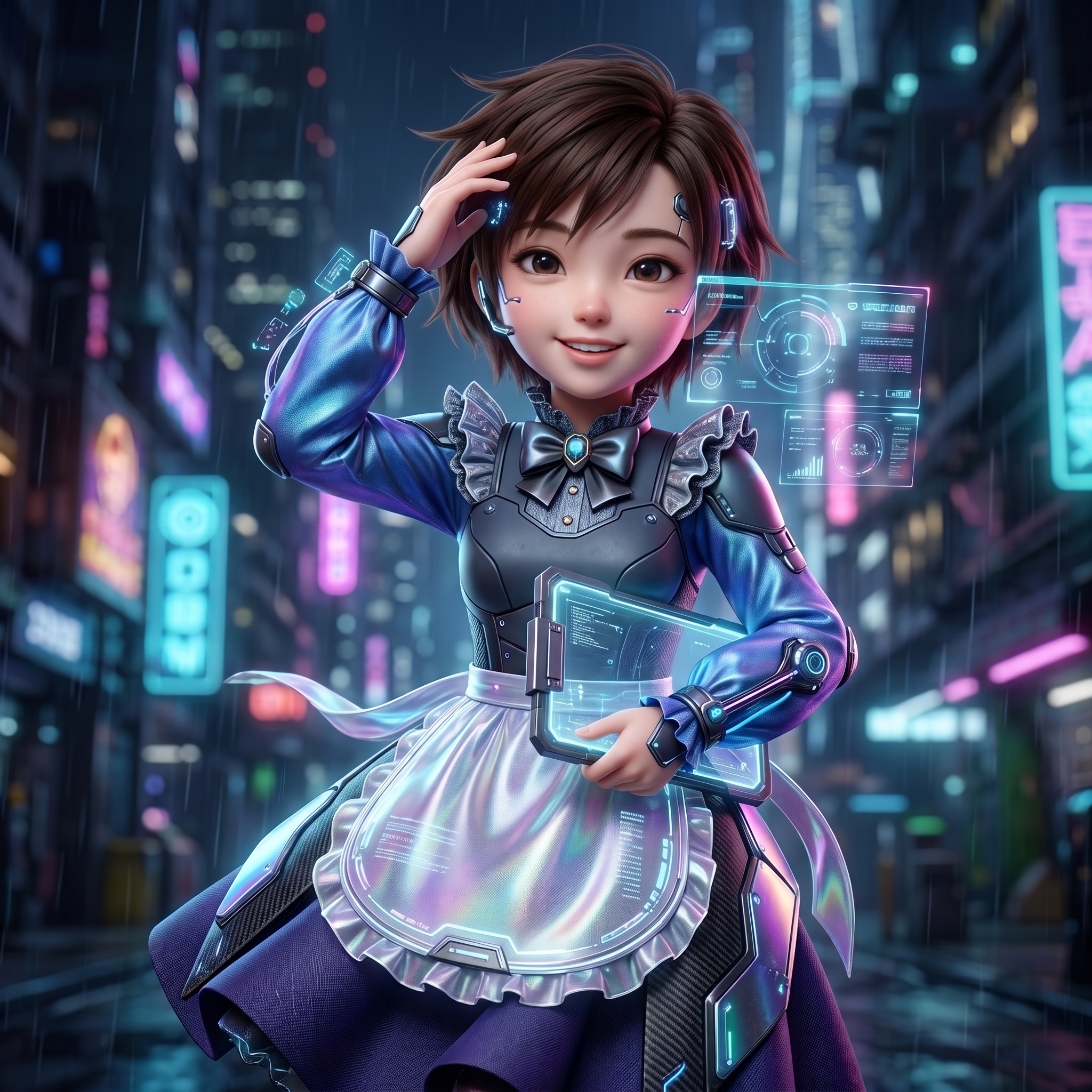Vivera, the project's mascot: a smiling short-haired girl in a blue cyberpunk maid outfit with a holographic apron, holding a glowing clipboard tablet in a rainy neon city street.