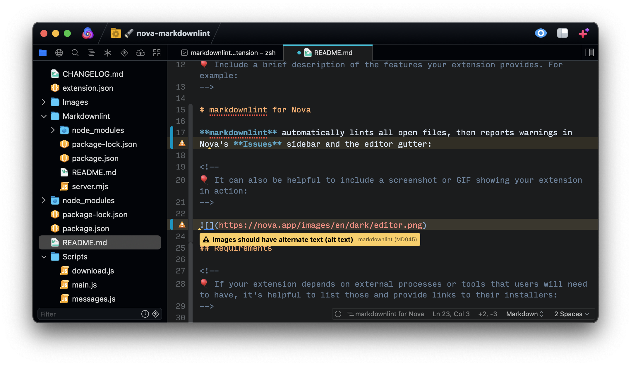 screenshot showing text editor lines being highlighted in yellow as an indicator of automatically-identified issues