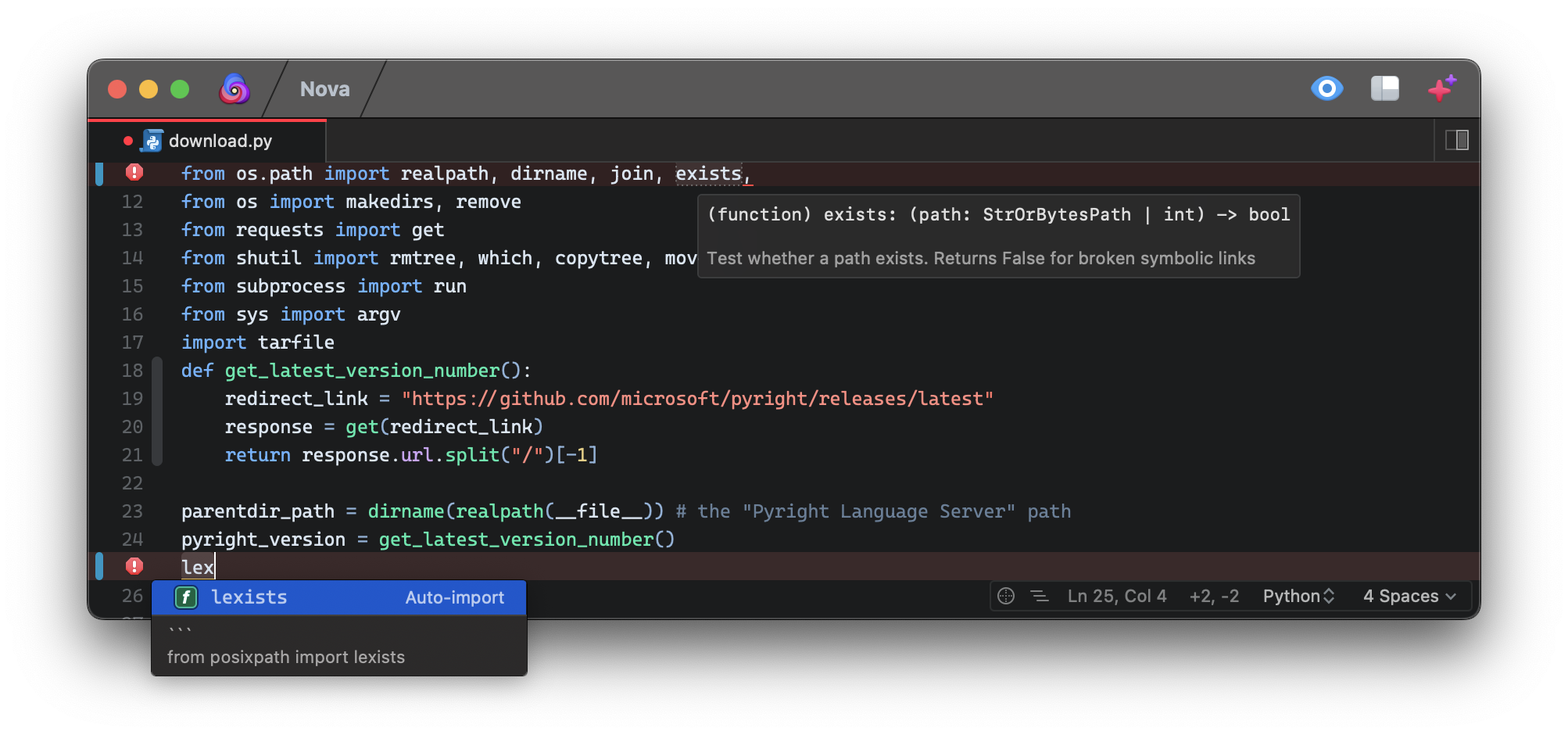a screenshot of the Nova editor showcasing Pyright functionality