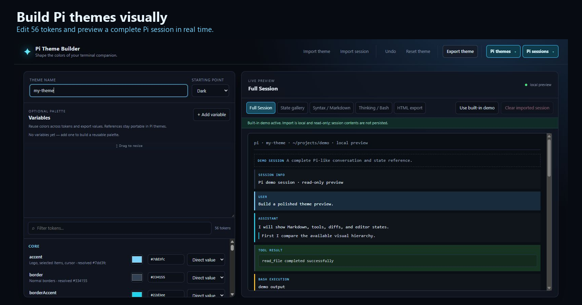 Pi Theme Builder editor window: token groups with color swatches on the left and a live Pi session preview on the right