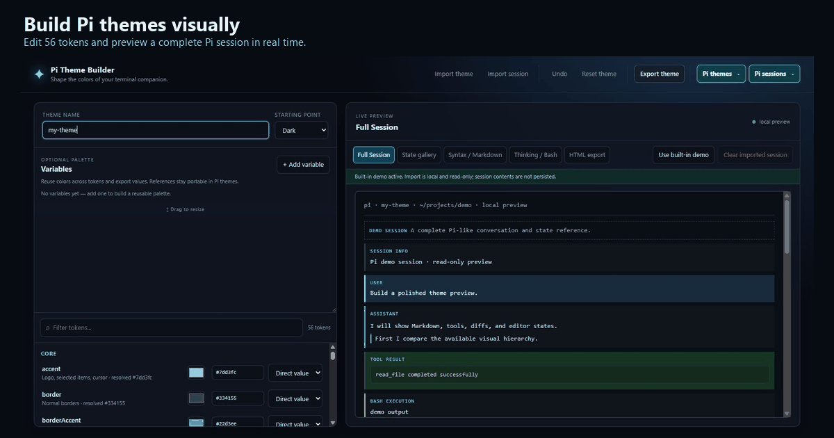 Animation of the Pi Theme Builder in use: selecting a preset, editing tokens while the live preview updates, switching preview modes, and saving the theme to Pi