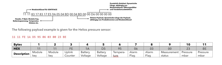 Abbildung 1: Beispiel eines Uplink‑Payloads (Helios Drucksensor)