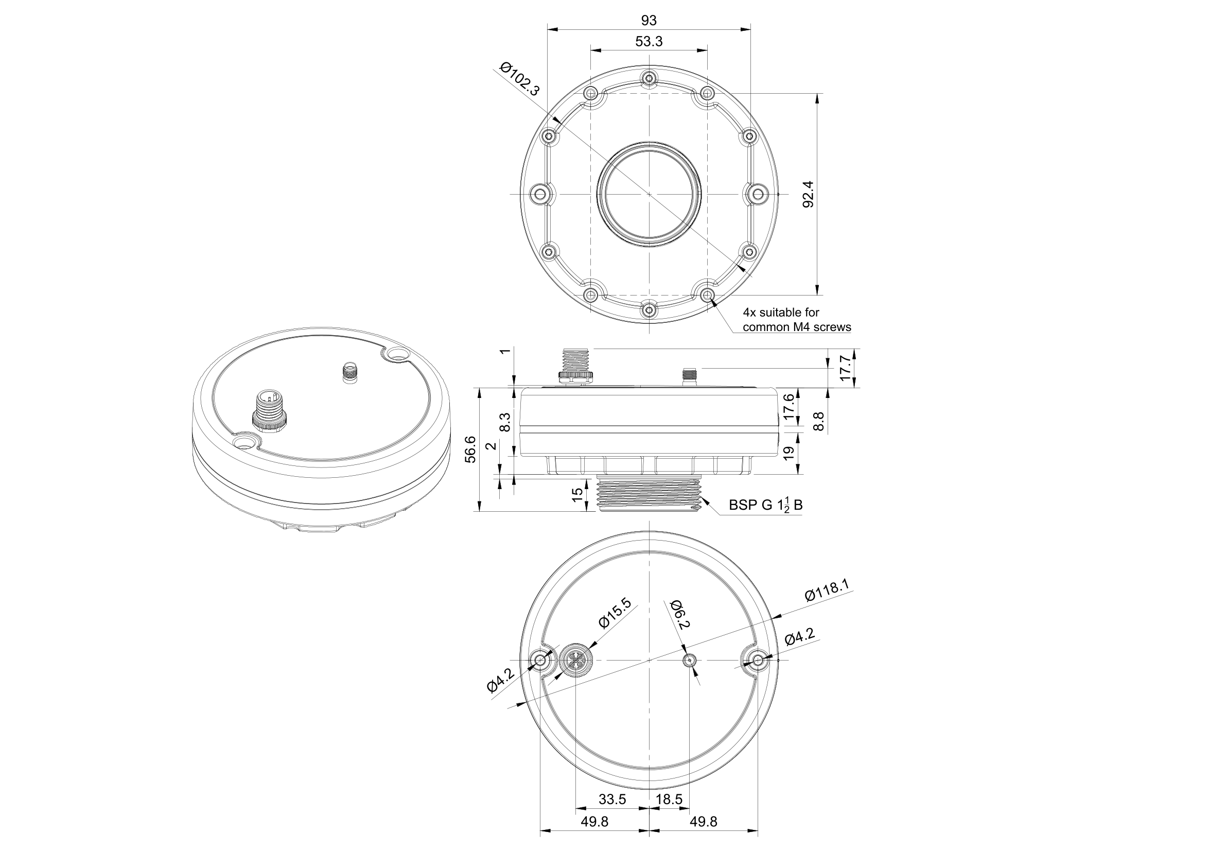 Technische Zeichnung EOS Thread mit 1,5 Zoll Gewinde, SMA und M12 Konnektor