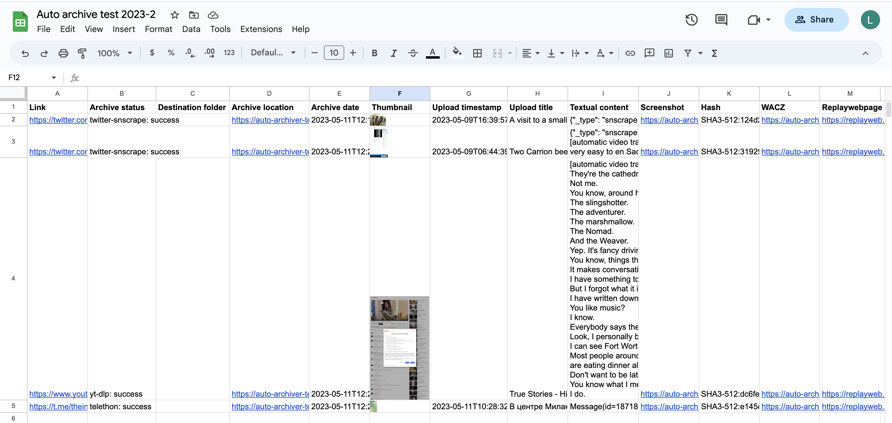A screenshot of a Google Spreadsheet with videos archived and metadata added per the description of the columns above.