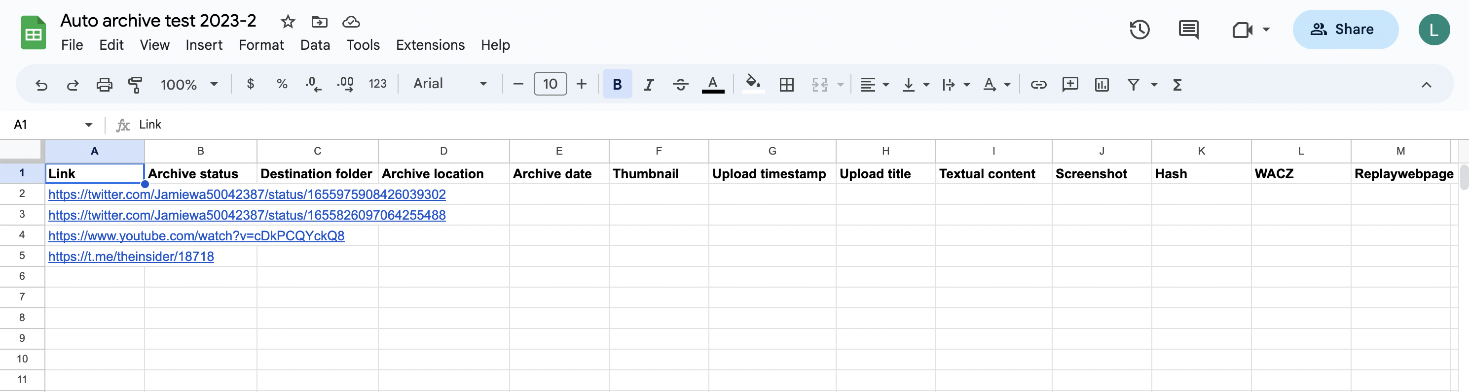 A screenshot of a Google Spreadsheet with column headers defined as above, and several Youtube and Twitter URLs in the "Link" column