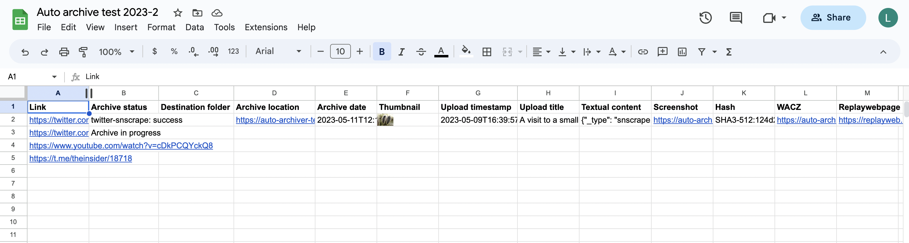 A screenshot of a Google Spreadsheet with column headers defined as above, and several Youtube and Twitter URLs in the "Link" column. The auto archiver has added "archive in progress" to one of the status columns.