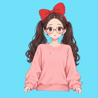 Fourth character: twin tails swinging from the hair ties, glasses, expressions and three gestures