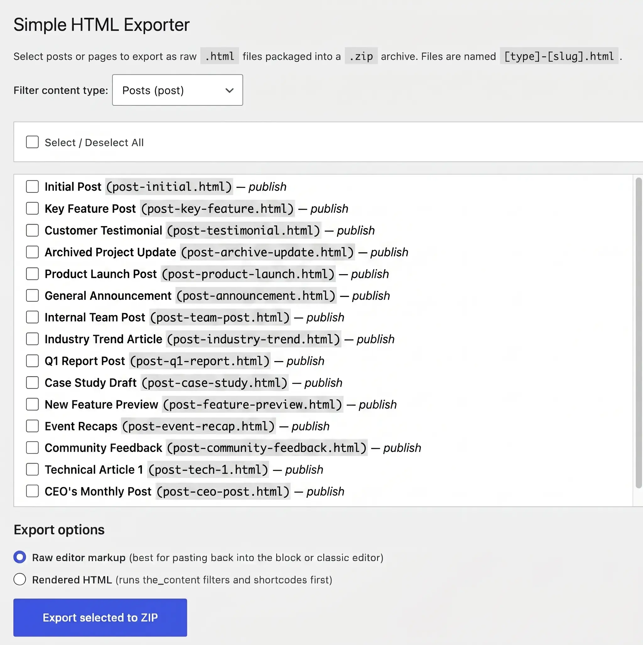 Simple HTML Exporter Admin UI