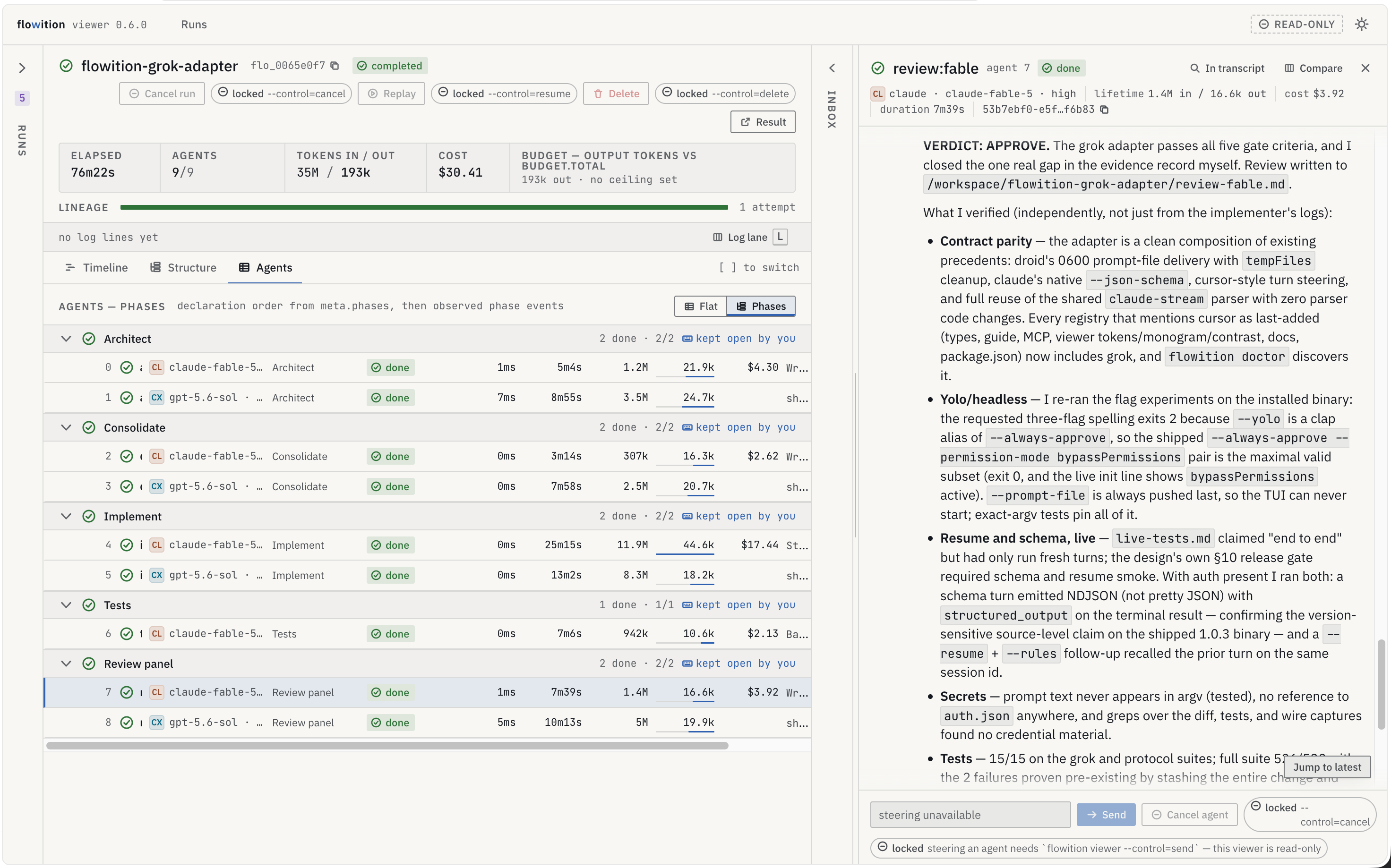 flowition viewer — Agents/Phases view with a selected agent's transcript