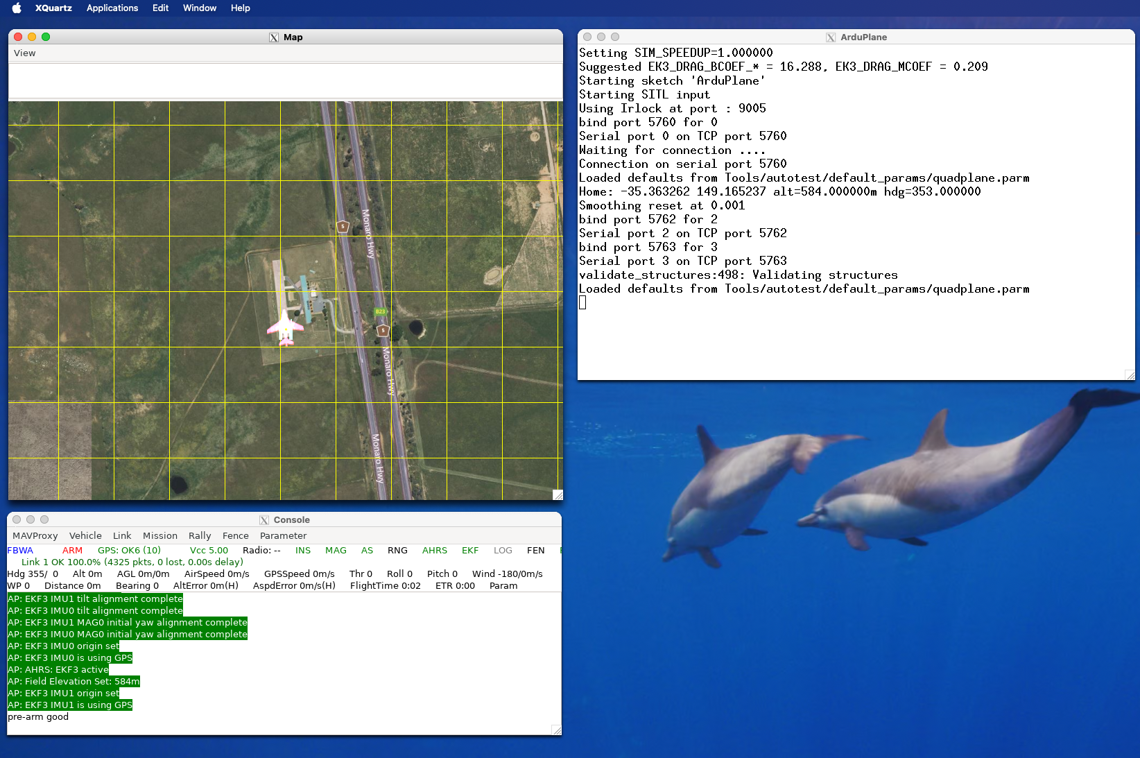 Screenshot of macOS running XQuartz showing 3 windows: ArduPlane SITL, MavProxy Map and MavProxy console