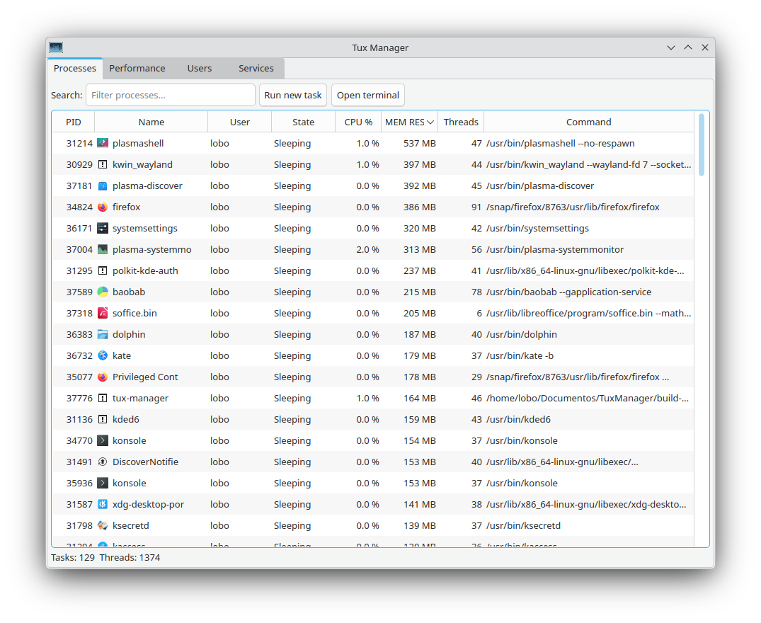 Processes view