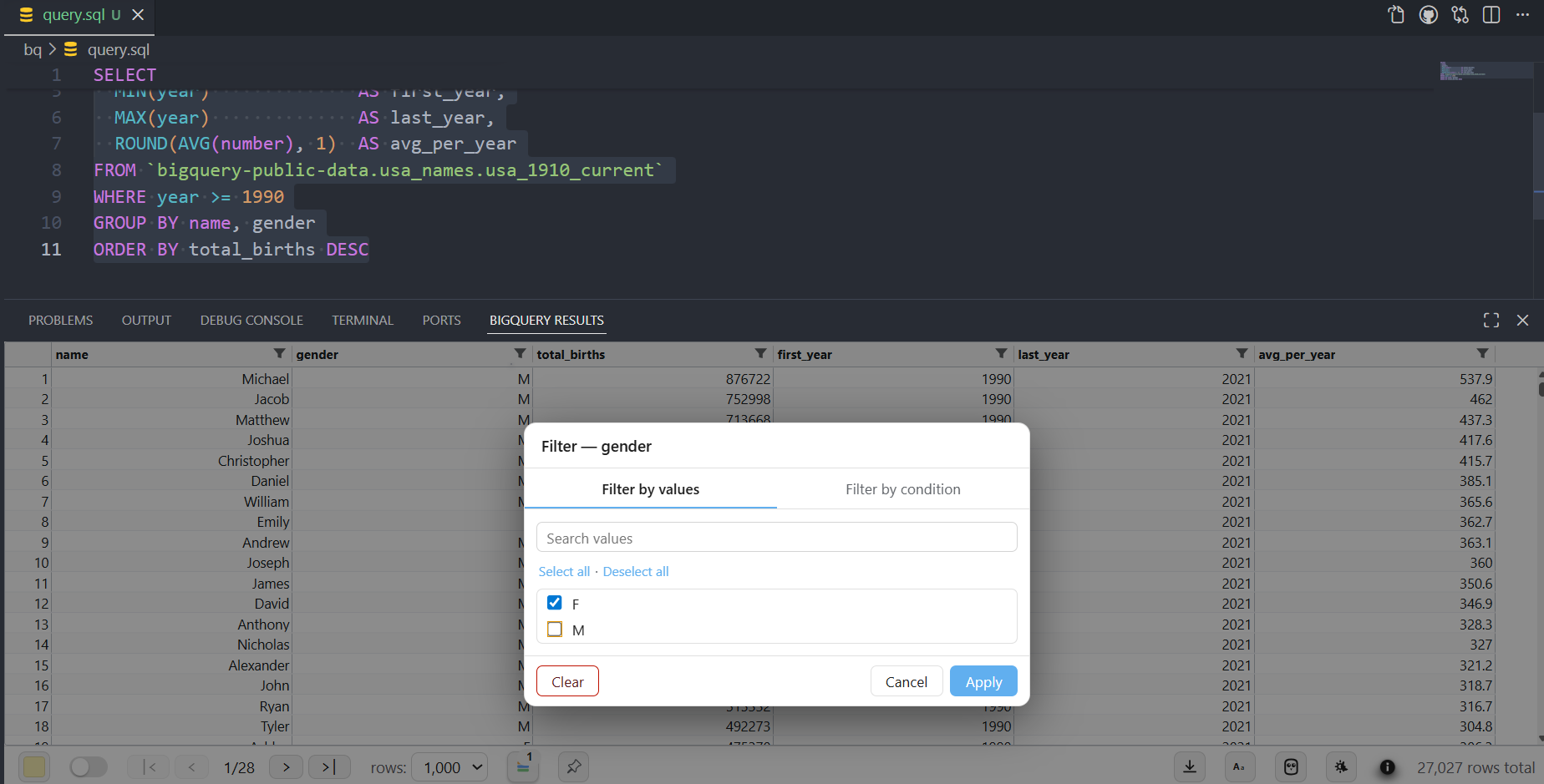 A column filter popup and a pinned column in the grid