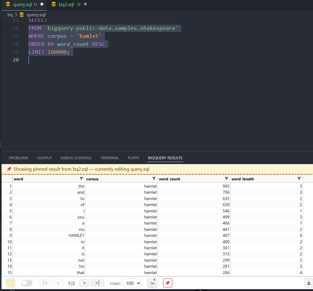 The pinned-result banner shown while editing a different file
