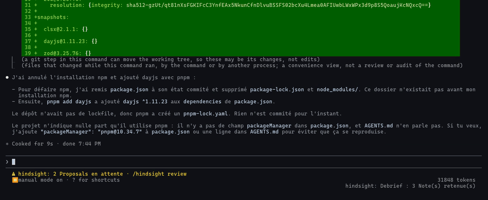 The Review pane in a Claude Code session: a Proposal adds "Use pnpm for every package command; never npm." to AGENTS.md, quoting four corrections over four days; the second Proposal is rejected as already covered, the first is accepted.