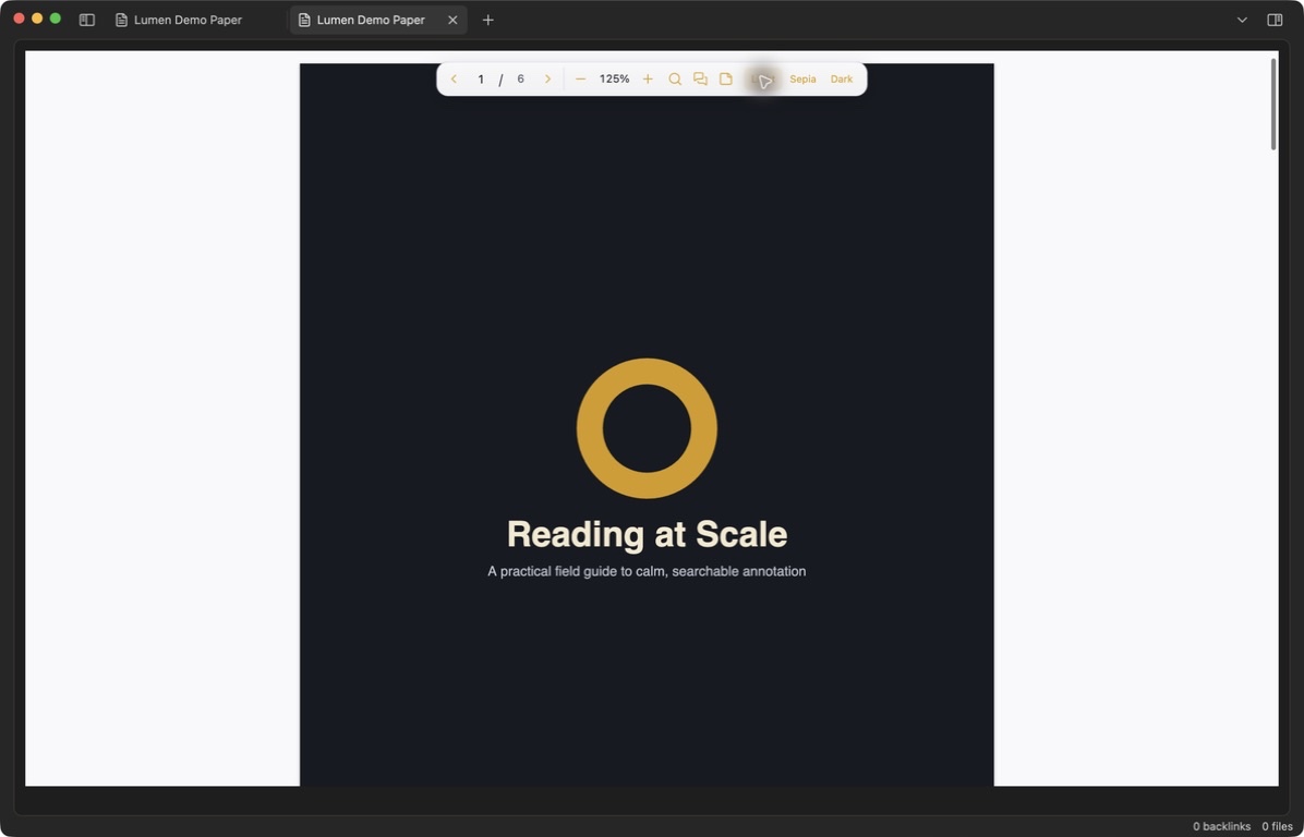 Lumen PDF Annotator showing its compact floating toolbar