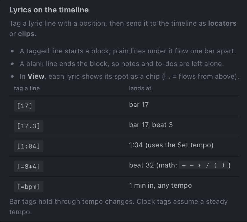 The lyric-timing help showing tag formats and where each one lands