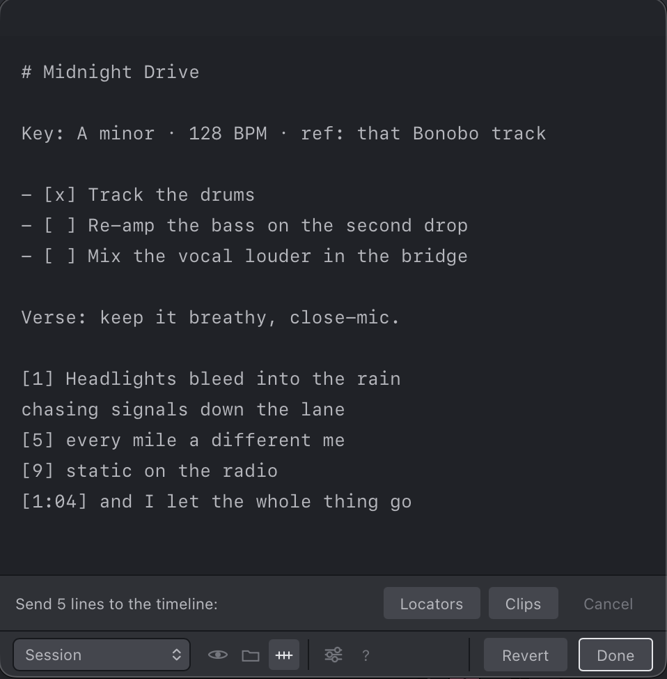 The same note with the send bar open, offering Locators or Clips