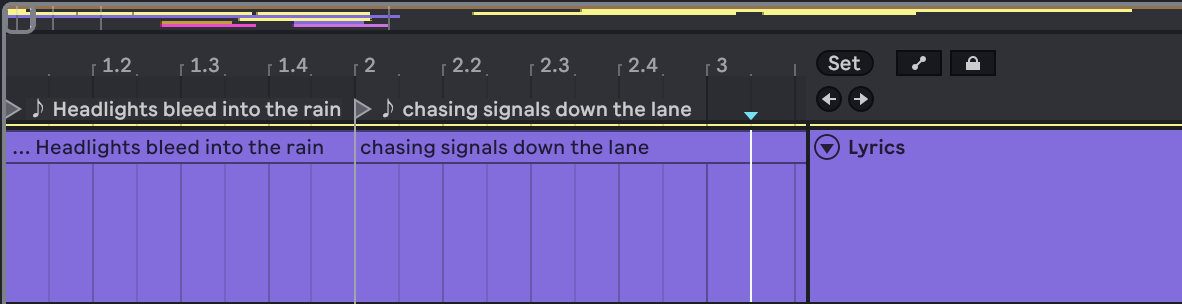 Lyrics placed on the Ableton arrangement as named locators and clips on a Lyrics track