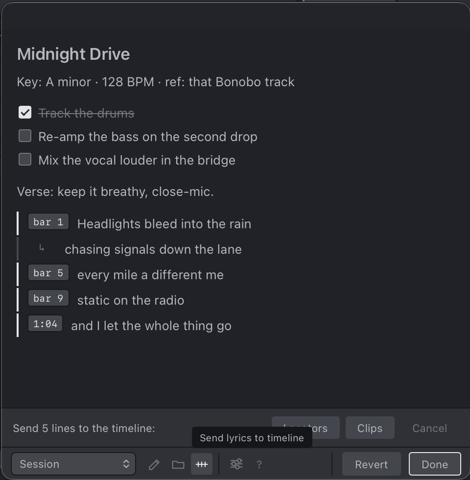 A rendered note with a lyric block, each line showing its bar or timecode on an accent rail