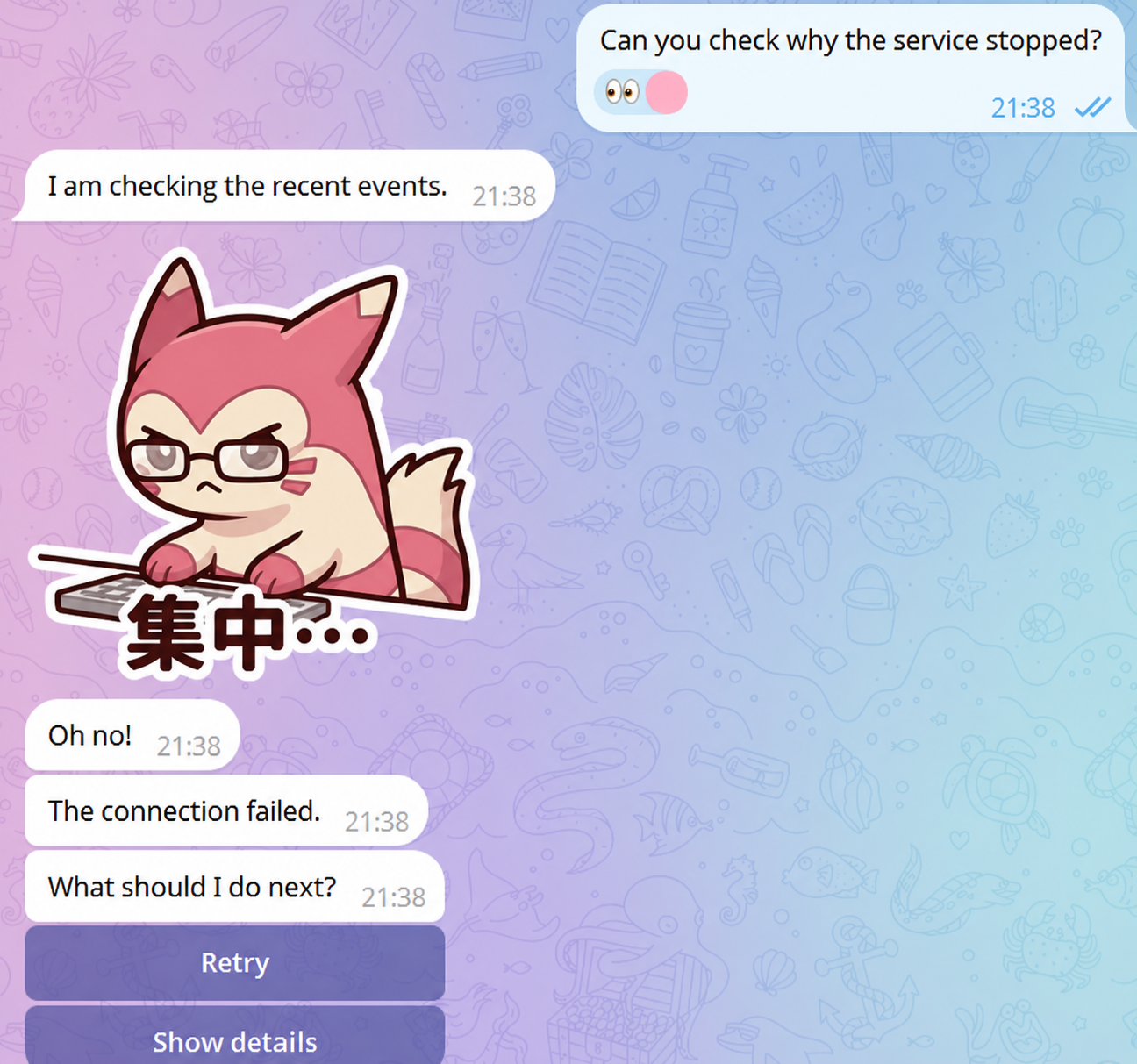 Telegram demo showing text bubbles, a reaction, a regular sticker, and choice buttons in one ordered reply