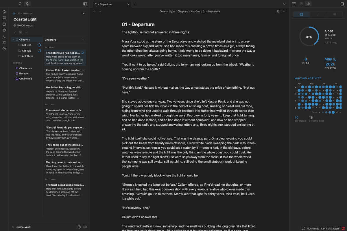 Writing Workspace: Library, editor, and Inspector together