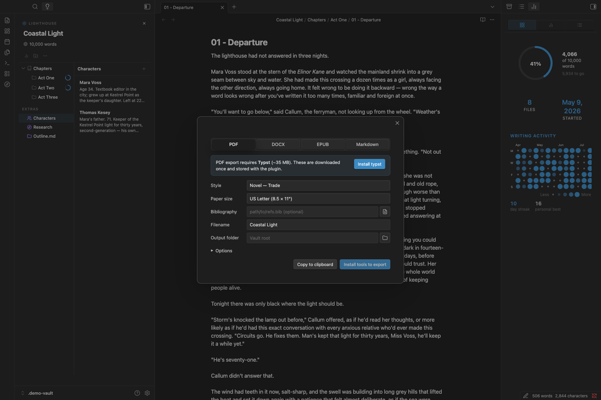 Export dialog with PDF style and paper size options