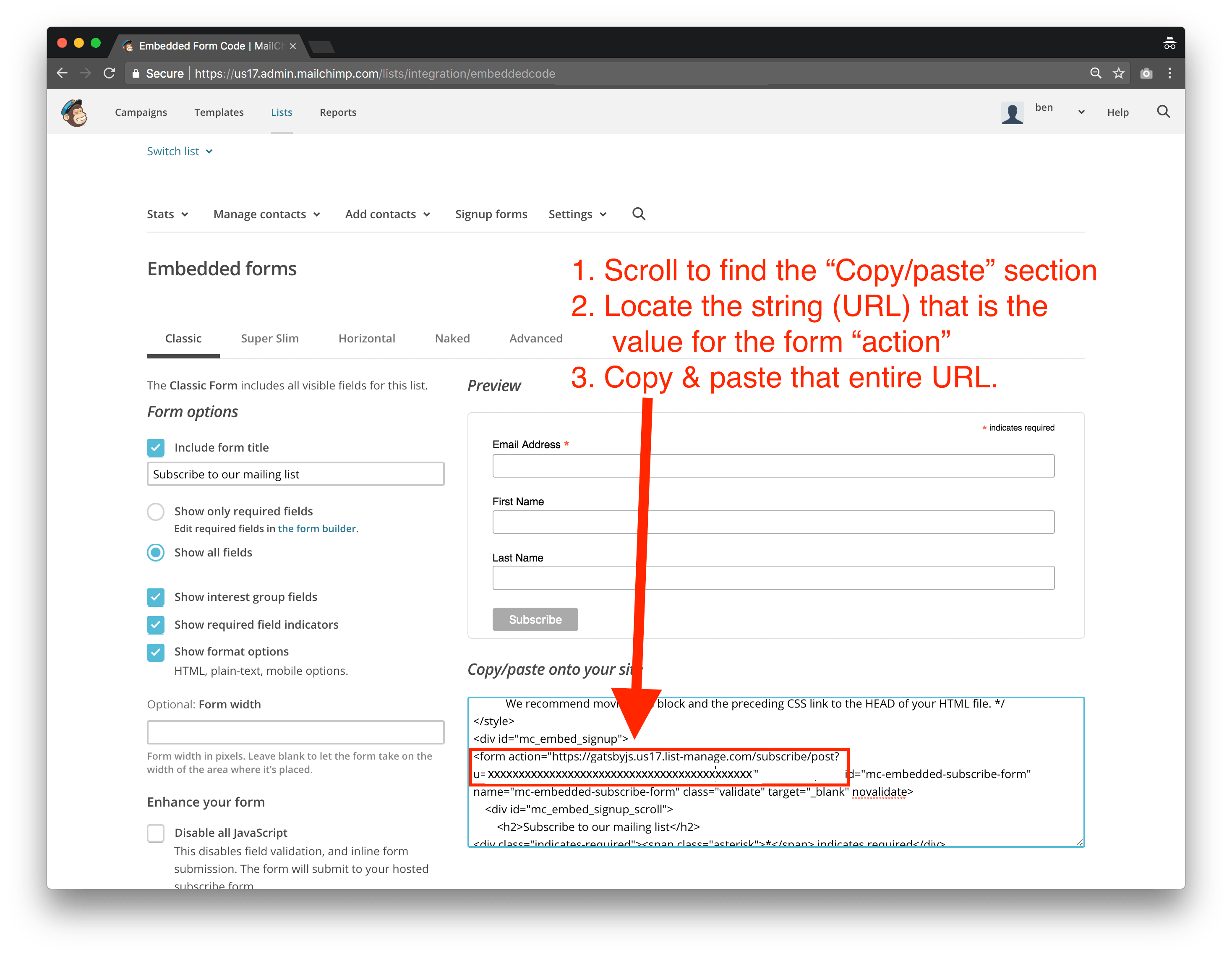 screenshot of how to copy/paste your list settings URL