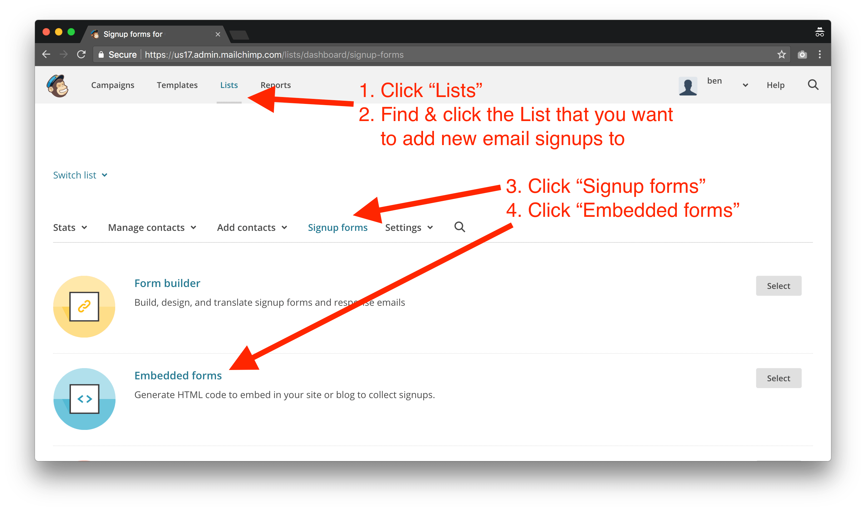 screenshot of how to locate your Mailchimp u settings