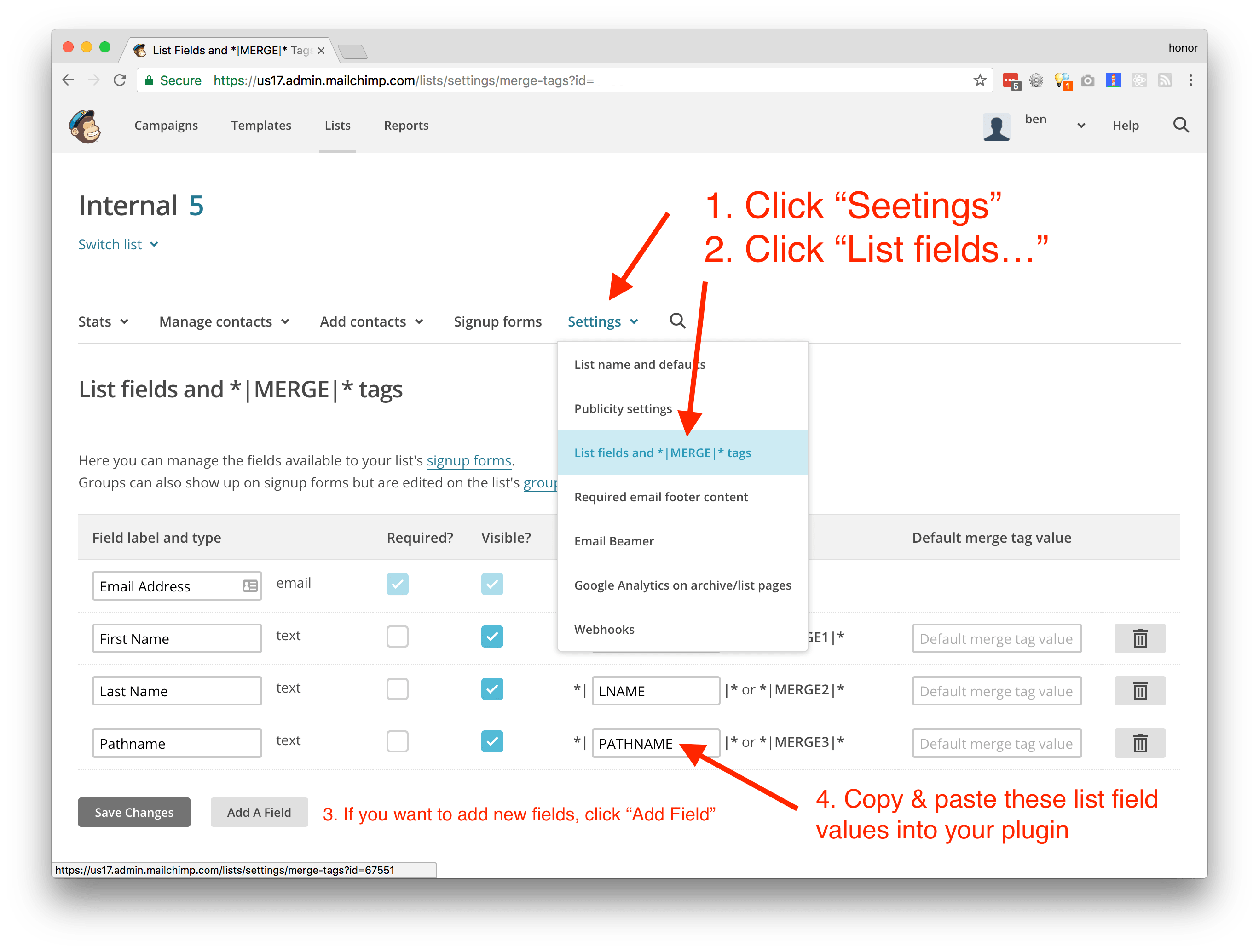 screenshot of Mailchimp list fields settings screen