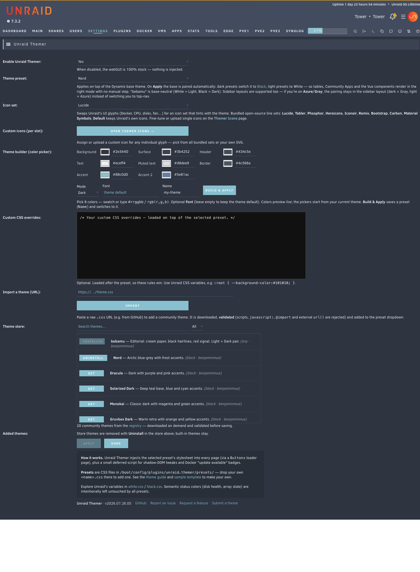 Unraid Themer settings page