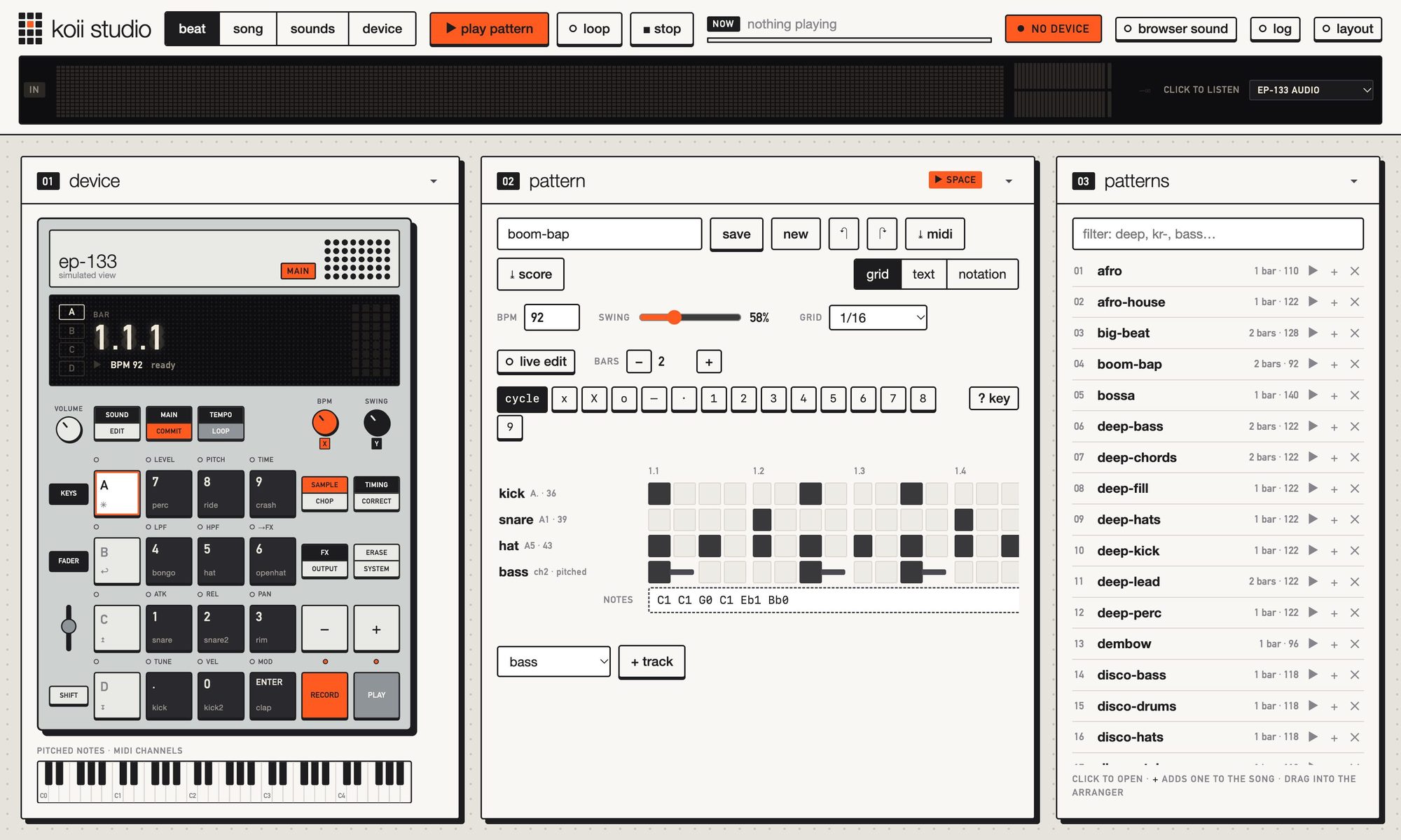 koii studio: the simulated EP-133, a boom-bap pattern with a bassline in the grid editor, and the pattern list