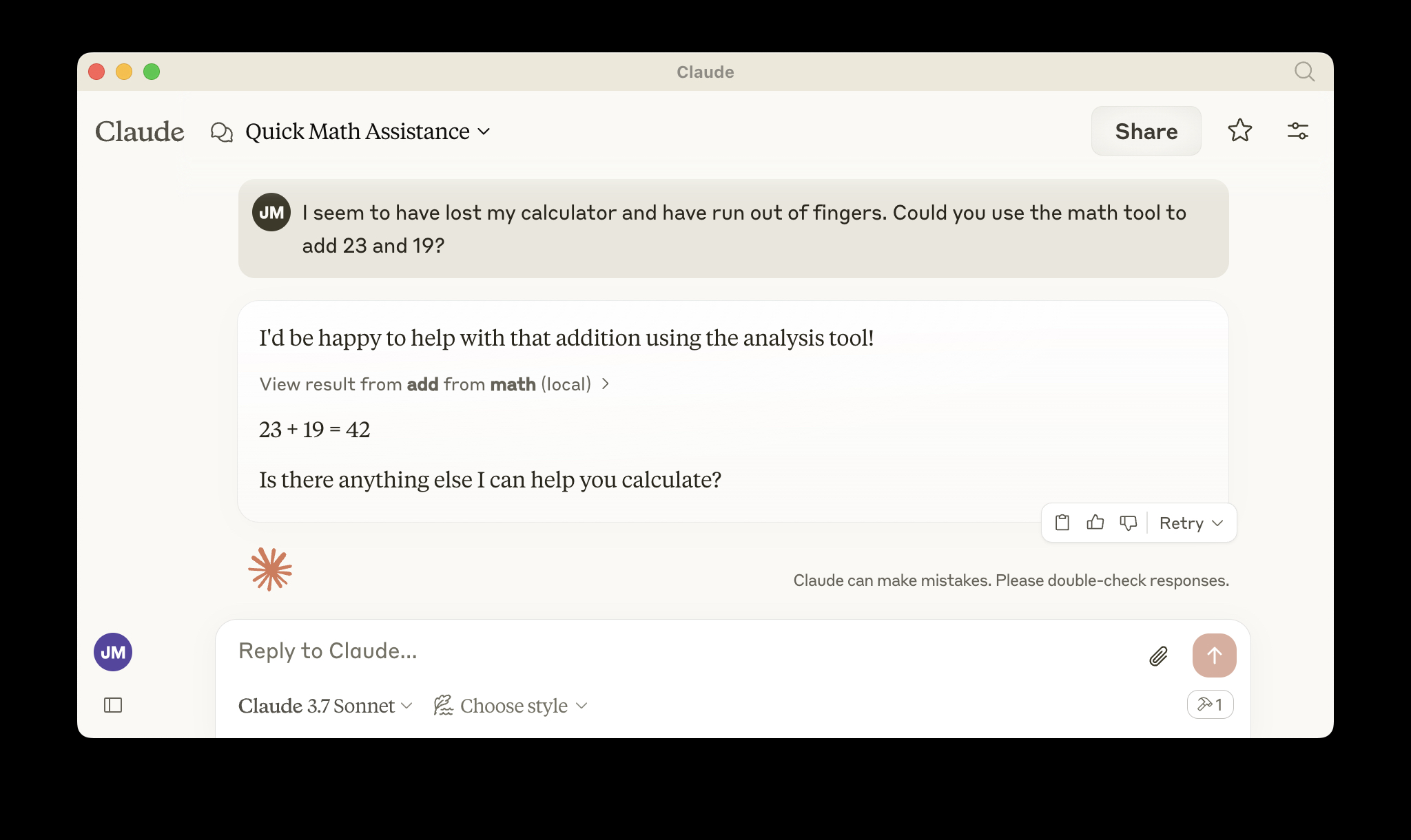 Claude answers the prompt 'I seem to have lost my calculator and have run out of fingers. Could you use the math tool to add 23 and 19?' by invoking the MCP add tool