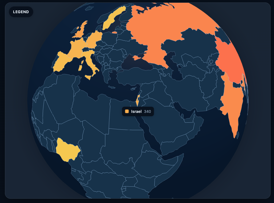 globe-chart dark theme demo with country choropleth and hover tooltip