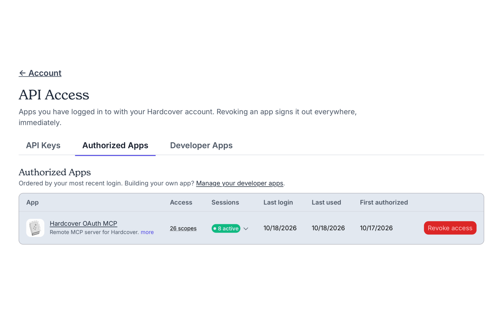 Hardcover's Authorized apps page, listing Hardcover OAuth MCP with its scopes and sessions and a button to revoke access