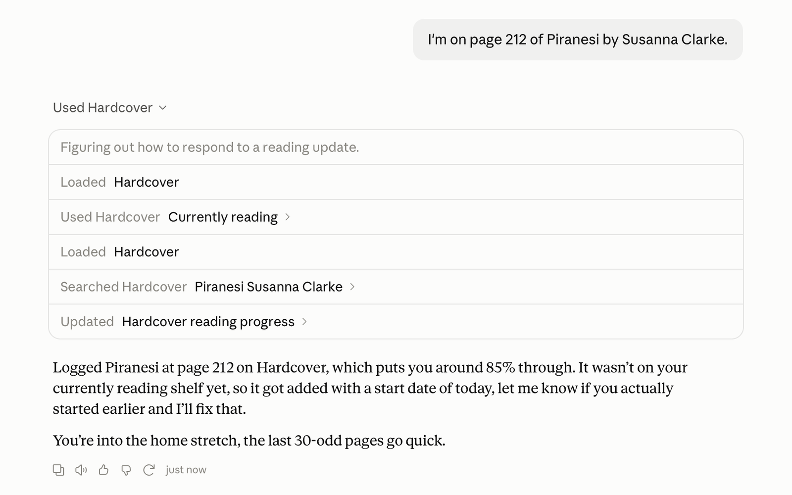 Claude, asked "I'm on page 212 of Piranesi by Susanna Clarke," checks Currently Reading, searches Hardcover, and updates the reading progress