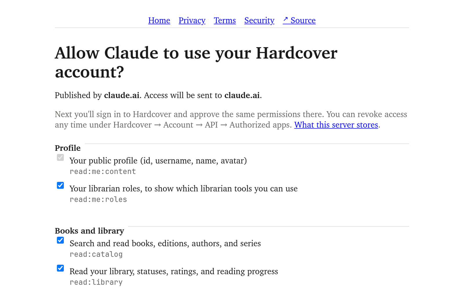 The consent page, where you choose which Hardcover permissions the client gets